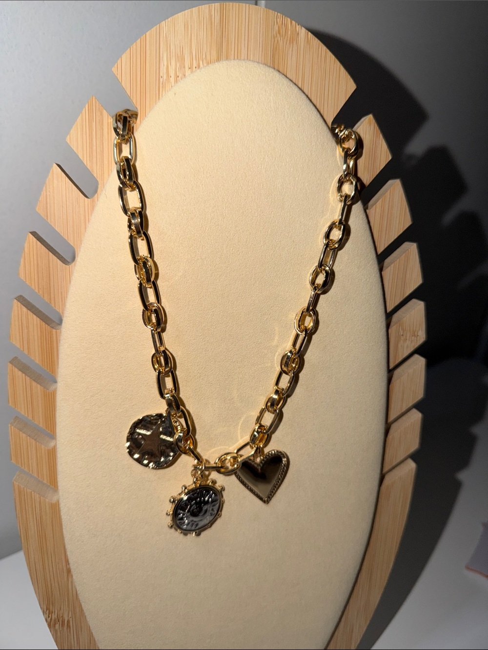 Gold Chain Charm Necklace with Heart and Medallion